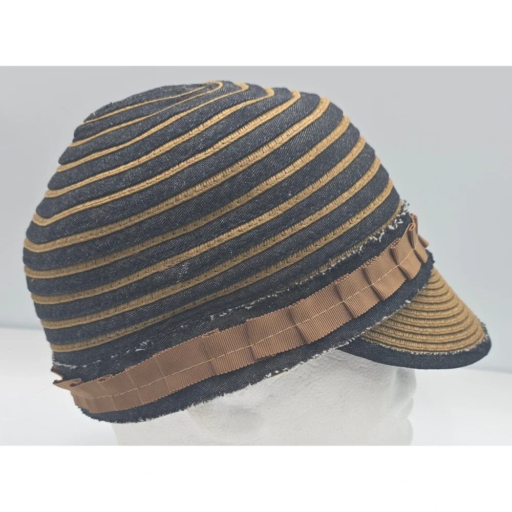 Grace Hats Cloche Newsboy Cap 57cm Blue Brown‎ Lace Flower Denim